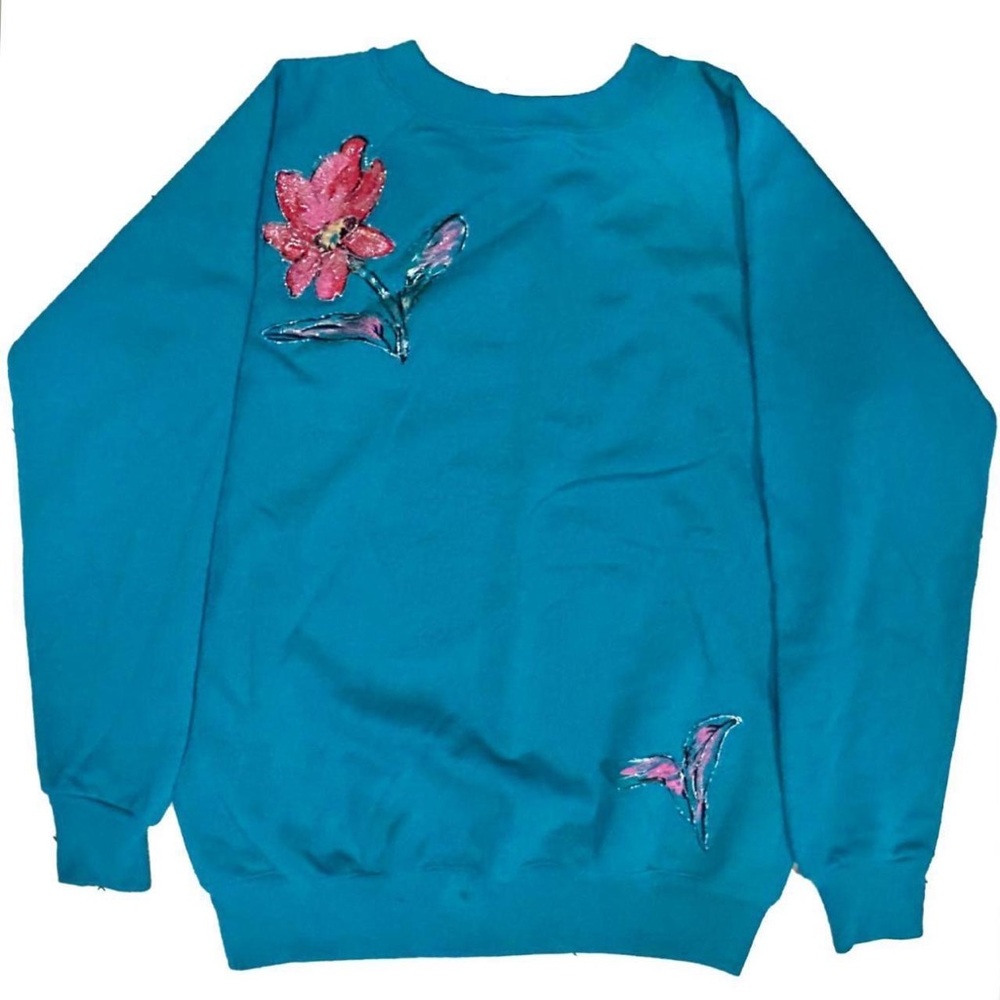 Vintage 90s aqua Hanes sweatshirt with DIY floral puff paint embellishments